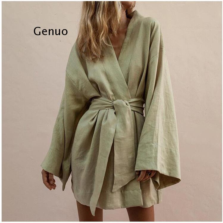 Linen Roller Blind - Lace Up kadın v yaka Kimono